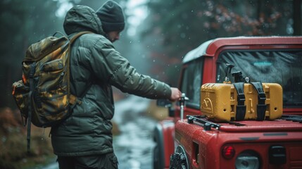 Outdoor view of a man in a military jacket pouring gasoline from a can into a red SUV on a rainy day, showcasing preparedness and adventure. - obrazy, fototapety, plakaty
