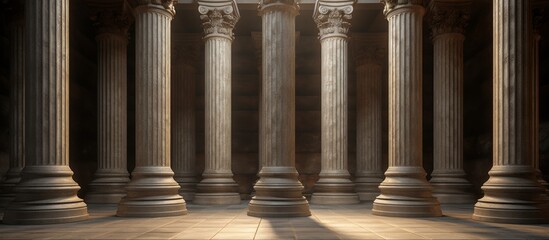 A captivating image showcasing a series of pillars closely aligned, with sunlight streaming through them, creating a mesmerizing pattern