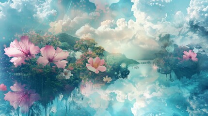 Floral pattern inspired by vibrant gardens, featuring floating islands adorned with lush, sky-blue and pink blossoms contrasting against a backdrop of an idyllic created with Generative AI Technology - obrazy, fototapety, plakaty