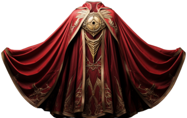 A man stands proudly in a red cape with gold accents