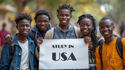 Group of five happy African students holding a 'Study in USA' sign on a university campus,...