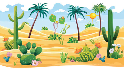 Desert background Summer with sun sand clouds palms Tr