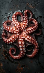 Obraz premium Top view of fresh octopus on a dark background, leaving space for text, this high resolution photographic stock photo is in the style of space for text