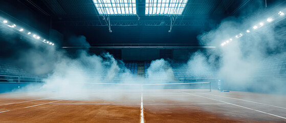 Professional tennis court, stadion, arena with dramatic steam or smoke. Sport lifestyle background. Copy space. Mockup or banner for sports competitions. Generative ai	