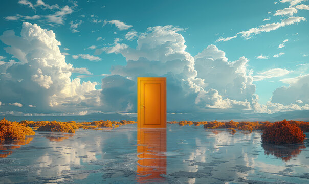 Surreal open door to the world, abstract concept background.
