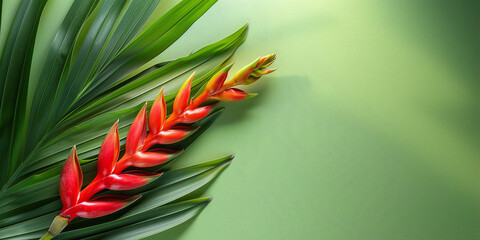 Red tropical heliconia flower macro isolated on green background