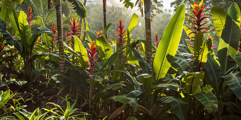 Red Ti Plants and Banana trees in Maui Rainforest, Hawaii