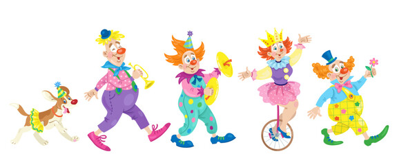 Procession of funny circus clowns.  Isolated on white background. Vector cartoon flat illustration.