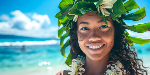 portrait of a Hawaiian hula dancer on a tropical sea beach, invitation to an exotic tropical vacation with palm leaf, shows blue sky