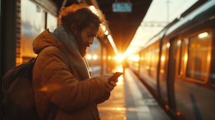 A passenger checks the train list on his phone while waiting on the station platform.
