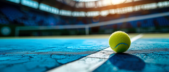 Close-up on tennis ball on tennis court, stadion, arena. Sport lifestyle background. Summer template or banner. The concept of professional game sports.Generative ai - obrazy, fototapety, plakaty