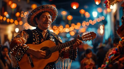 Mariachi Musician Playing Guitar at Festive Event - obrazy, fototapety, plakaty