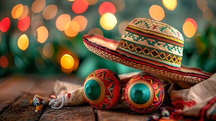 Traditional Mexican Sombrero and Maracas with Bokeh