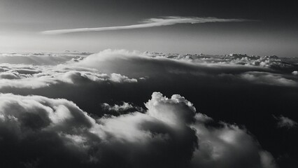 Obraz premium Dramatic grainy black and white cloudscape. Scenic stormy fluffy clouds view. Monochrome epic nature photo background wallpaper concept.