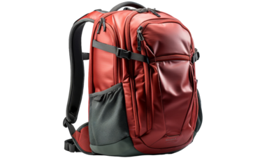 A red backpack with a black strap against a neutral background
