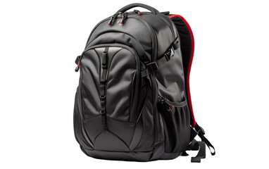 A sleek black backpack with a fiery red bottom stands out against a dark backdrop