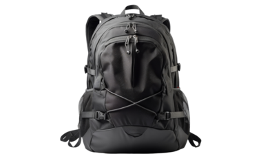 A sleek black backpack stands out against a stark white background