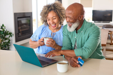 Excited Mature Couple At Home With Laptop And Credit Card Booking Holiday Or Shopping Online