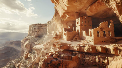 Ancestral Puebloan cliff dwellings perched high above the canyon floor - obrazy, fototapety, plakaty