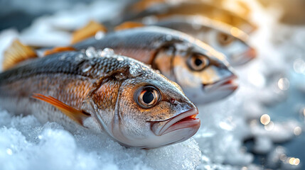 Close-up fresh fish on ice on the counter of market