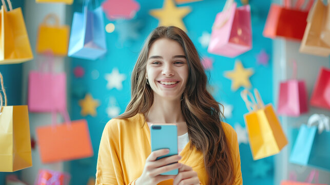 Smiling woman with smartphone in her hand, floating shopping bags on technology background