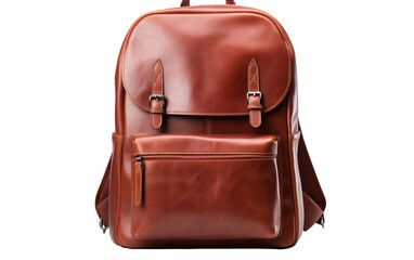 A luxurious brown leather backpack resting gracefully on a pristine white background