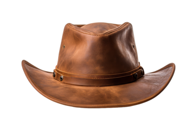 A stylish brown cowboy hat stands boldly against a stark white backdrop