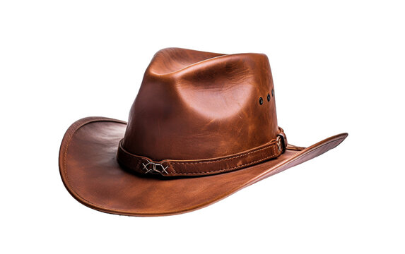 A brown leather cowboy hat stands boldly on a clean white background