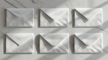 A set of white postal envelopes on a light background