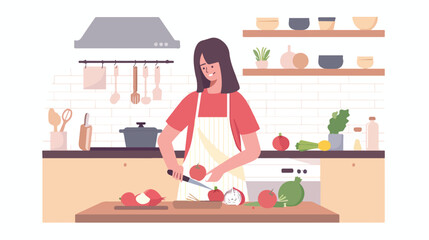 Happy woman cutting onion at table in kitchen flat vector