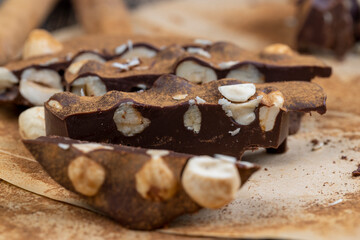 sweet chocolate with cocoa and nuts and other ingredients