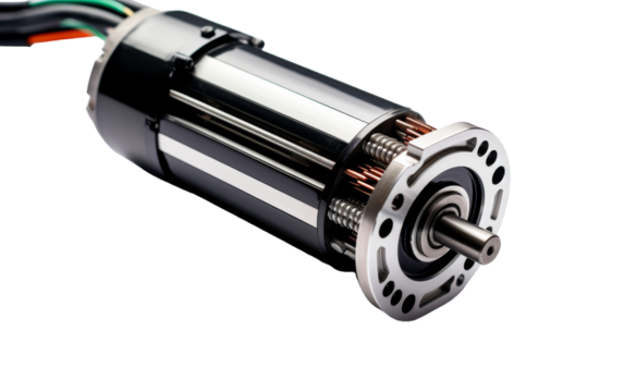 An electric motor in focus against a clean white backdrop