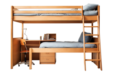 A bunk bed tower with a desk nestled below it, creating a cozy and functional space-saving solution