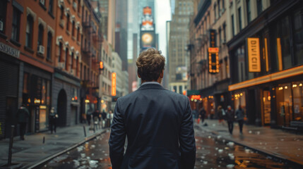 A business man in a suit walks along a city street, viewed from the back. - obrazy, fototapety, plakaty
