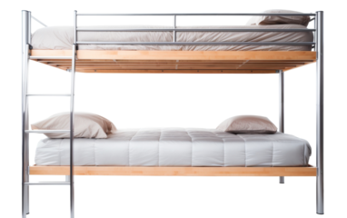 A metal-framed bunk bed holding two mattresses in a cozy room
