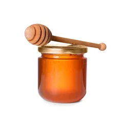 Foto op Plexiglas Tasty natural honey in glass jar and dipper isolated on white © New Africa