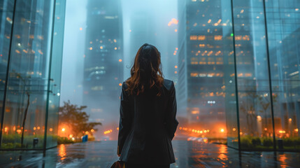 A business woman in a suit walks along a city street, viewed from the back.