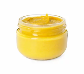Foto op Plexiglas Fresh tasty mustard sauce in glass jar isolated on white © New Africa