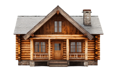 A charming log cabin with a porch nestled in a serene forest setting, complete with a chimney