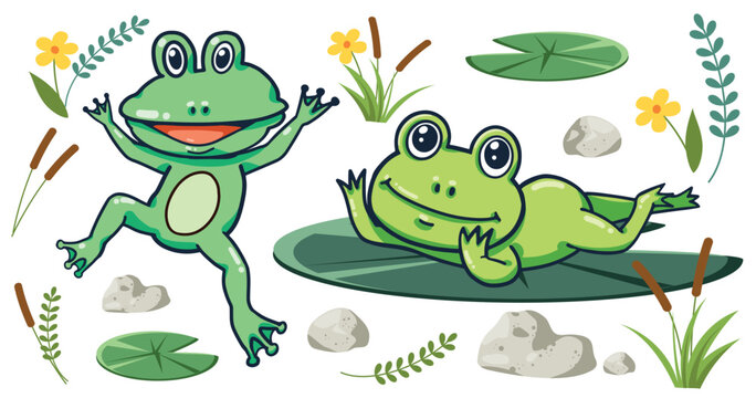 Cute cartoon characters of a green frog. A little bright green amphibian with big shiny eyes. Use this cartoon file for such as designs on t-shirts, carg, stickers and many others.