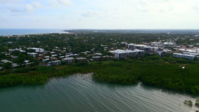 Aerial Drone of Nightcliff Coastal Suburb and Mangrove Lined Shoreline Darwin NT Australia