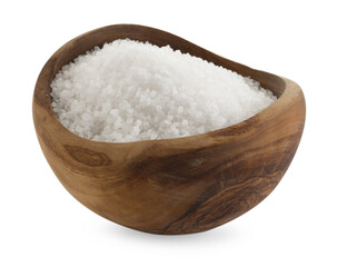 Natural salt in wooden bowl isolated on white