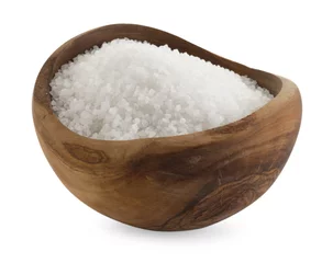 Poster Natural salt in wooden bowl isolated on white © New Africa