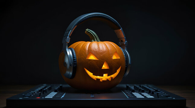 Halloween pumpkin on a dj table with headphones on dark background.generative.ai