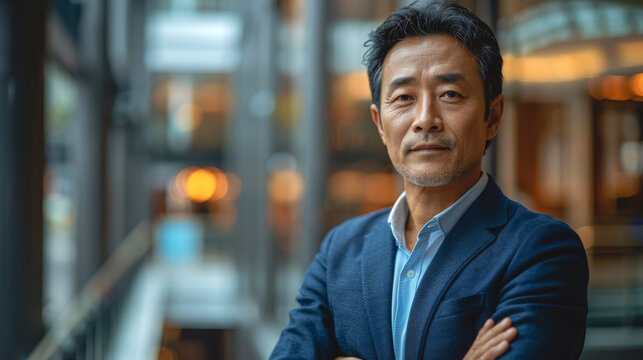 Portrait of successful Asian businessman standing with arms crossed, copy space.