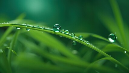 Wet green grass covered in fresh rain dew water drops macro close-up illustration. Realistic detailed nature eco background wallpaper header design concept with blur bokeh effect.