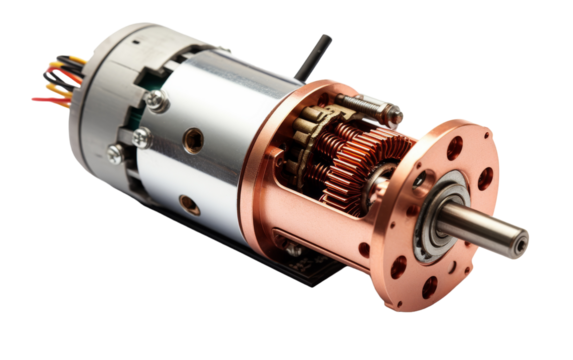 An electric motor with various components and wires, standing out against a clean white background