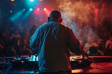 A male dj standing behind the mixer playing music