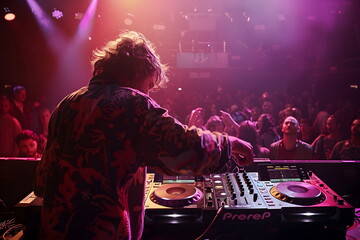 A male dj standing behind the mixer playing music