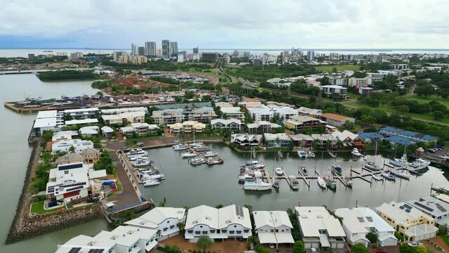 Aerial Drone of Panoramic Overview of Dinah Beach Marina with Boats Yachts and City on Horizon, Darwin NT Australia